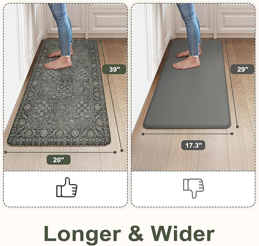 KIMODE Anti Fatigue Kitchen Mat, Cushioned Boho Distressed Kitchen Runner Rug, Non Slip Waterproof Kitchen Mat for Floor, Comfort Foam Standing Desk Mat for Laundry Office Sink Green/Grey 20"x39"
