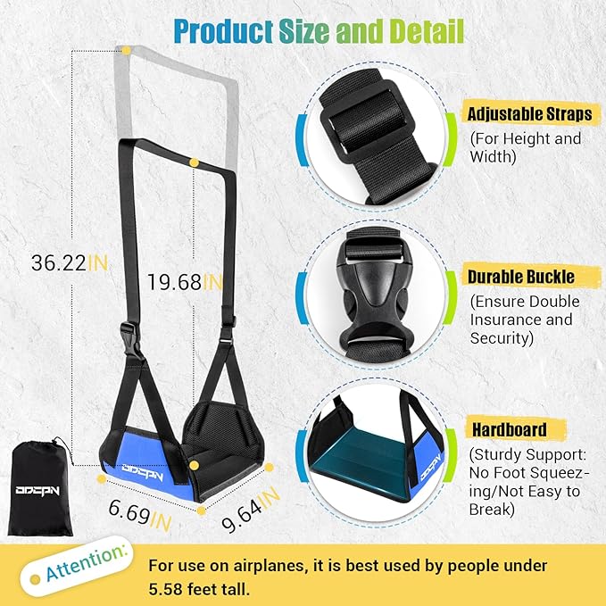 2-Pack Foot Hammock for Plane Travel, No Collapse Thickened Bamboo Airplane Foot Rest with Extended Adjustment Strap, Portable Desk Foot Hammock to Relax Your Feet, Foot Sling Travel Essentials(Blue)