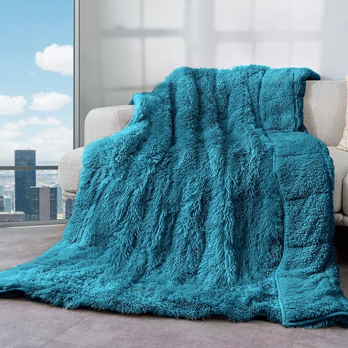 Cottonblue Weighted Blanket 12lbs 60x80 inches for Queen Bed, Faux Fur Sherpa Weighted Blanket for Adults, Plush Cozy Bed Blanket with Ceramic Beads for Calm and Relax,Teal Green