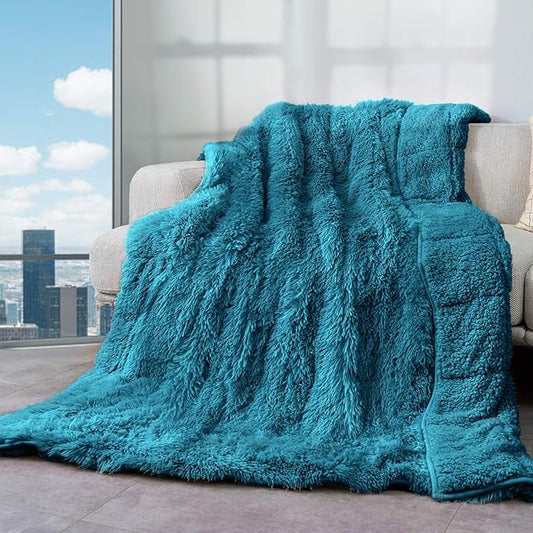 Cottonblue Weighted Blanket 12lbs 60x80 inches for Queen Bed, Faux Fur Sherpa Weighted Blanket for Adults, Plush Cozy Bed Blanket with Ceramic Beads for Calm and Relax,Teal Green