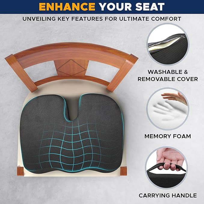 EcoNour Seat Cushions for Office Chairs | Tailbone Pain Relief Cushion for Car Seat | Sciatica, Butt & Coccyx Pain Relief Desk Chair Cushion for Long Sitting Drivers | cojín para asiento de carro