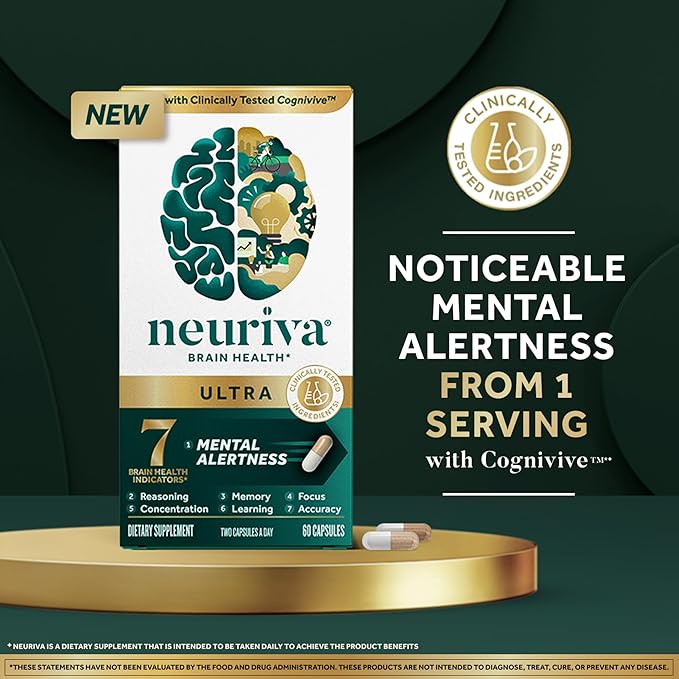 NEURIVA Ultra Decaffeinated Clinically Tested Nootropic Brain Supplement for Mental Alertness, Memory, Focus & Concentration, Cognivive, Neurofactor, Phosphatidylserine, Vitamins B6 B12, 60 Capsules