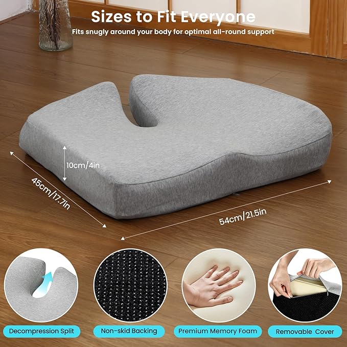 REDOFF®Extra Large Memory Seat Cushion 21.5 * 17.7 * 4inches– Cushion Pillow for Back Support Non-Slip Seat Pad for Office Desk, Car Seat, Wheelchair, Sciatica (Gray)