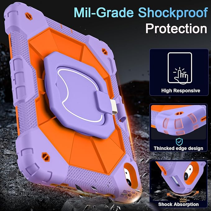 Case for iPad (A16) 11th/10th Generation 2025/2022,Kids Friendly 10th Gen iPad Case with Screen Protector 360° Rotating Stand,Heavy Duty Shockproof Cover for i Pad 11.0/10.9,Purple Orange