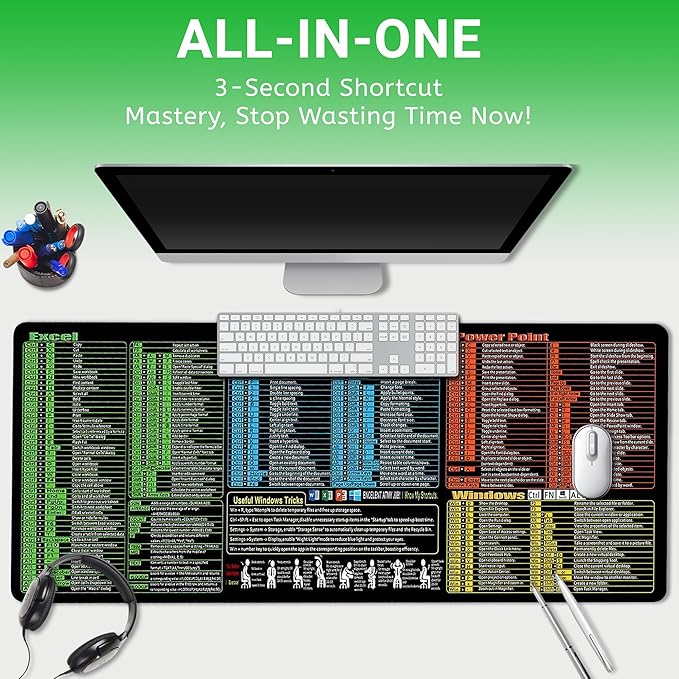 Excel Cheat Sheet Desk Pad, Updated Shortcuts Mouse Pad (31.5"x11.8") | Keyboard Shortcut & XL Gaming Desk Mat for Office/Home | Non-Slip Stitched Edges, Spill-Proof | Employee Appreciation Gifts