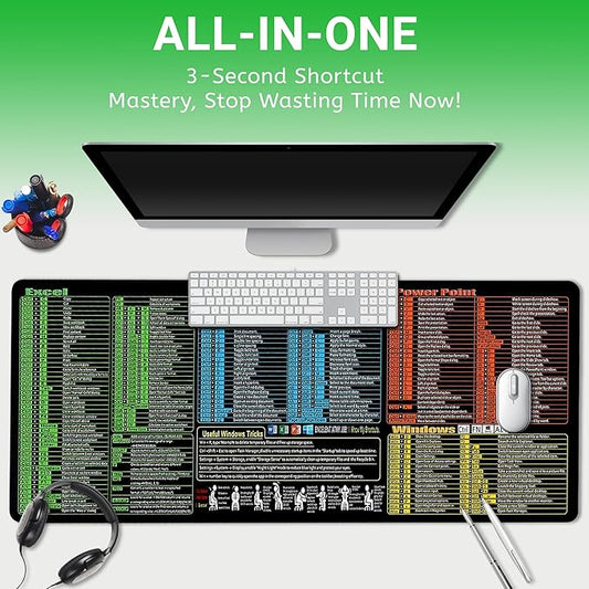 Excel Cheat Sheet Desk Pad, Updated Shortcuts Mouse Pad (31.5"x11.8") | Keyboard Shortcut & XL Gaming Desk Mat for Office/Home | Non-Slip Stitched Edges, Spill-Proof | Employee Appreciation Gifts