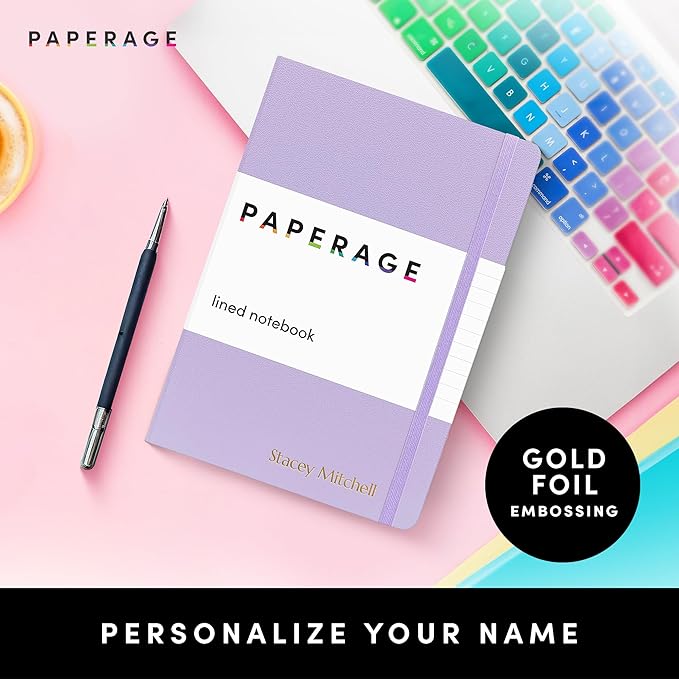 PAPERAGE Personalized Lined Journal Notebook for Writing - Customizable Text in Embossed Metallic Gold Foil, 160 Pages, 100 GSM Thick Paper, Leather Hardcover, 5.7 inches x 8 inches, Lavender