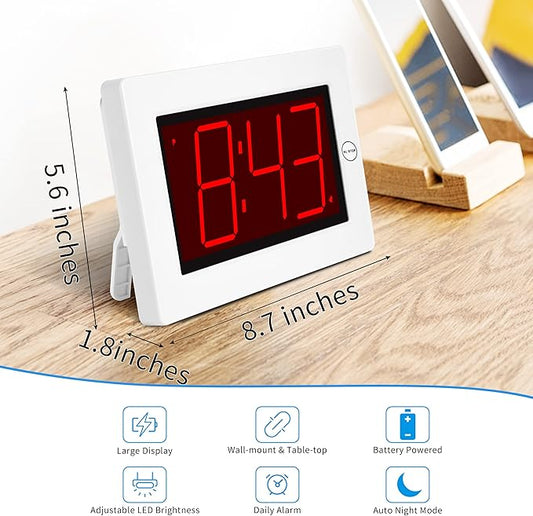 KWANWA Small Wall Clock, Digital Alarm Clock, 8" Extra Large Display, 3" LED Digit Contantly Light Up, Battery Operated, Adjustable Brightness, Clock for Bedroom, Wall-Mounted/Table-top