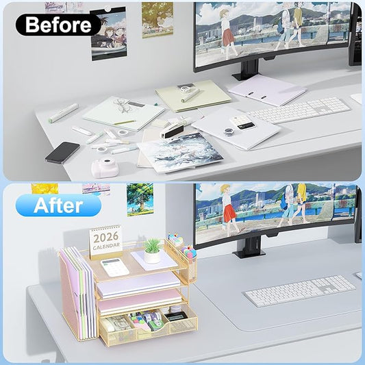 gianotter Desk Organizers and Accessories with File Holder, 4-Tier Desk Accessories & Workspace Organizers with Drawer and 2 Pen Holder, Paper Organizer for Office Supplies(Gold)