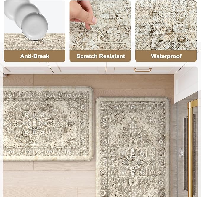 KIMODE Anti Fatigue Kitchen Mat 20"x39", Padded Kitchen Floor Mats Non Slip, Waterproof Cushioned Floral Kitchen Runner, Farmhouse Comfort Standing Mat for Laundry, Office, Sink, Desk Khaki