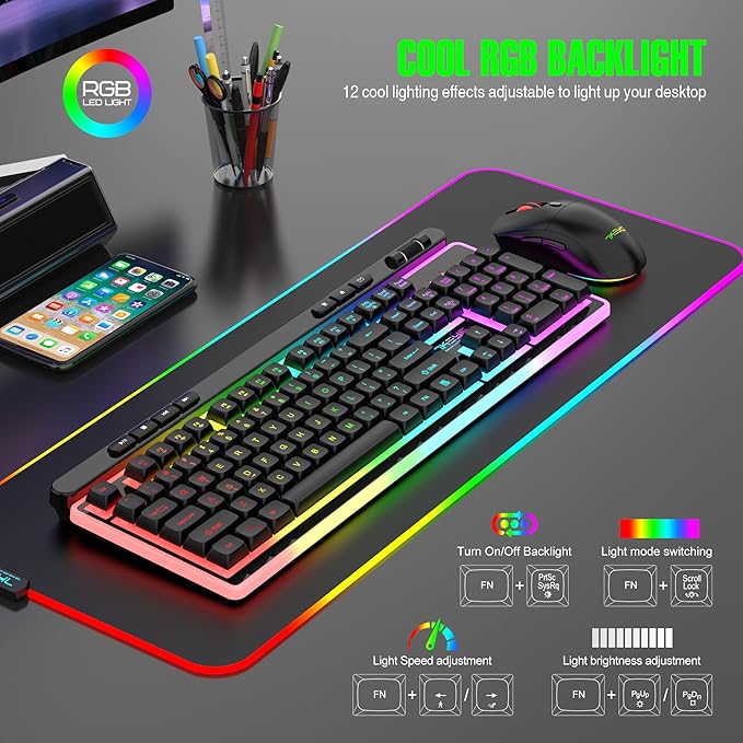 Wireless Keyboard and Mouse Combo, Gaming Keyboard Rechargeable Cool RGB Backlight, 7KEYS Full-Size Keyboard with Ergonomic, Light up Gaming Mouse 3200 DPI for PC Desk/Laptop/MAC