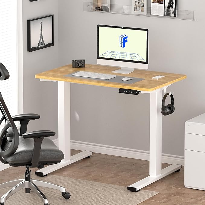 FLEXISPOT EN1 One Piece Standing Desk, 40 x 24 Inches Adjustable Height Desk for Small Space Electric Sit Stand Home Office Table Computer Workstation (White Frame + Maple Desktop)