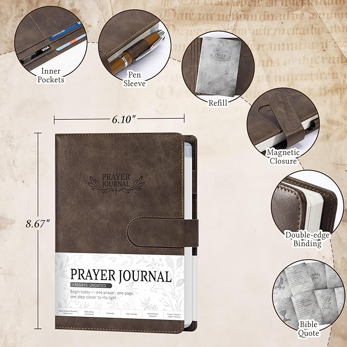 Ospelelf Brown Christian Daily Prayer Journal for Men, Faux Leather Gratitude Journal Planner, Undated 3 Month Bible Notebooks for Note Taking