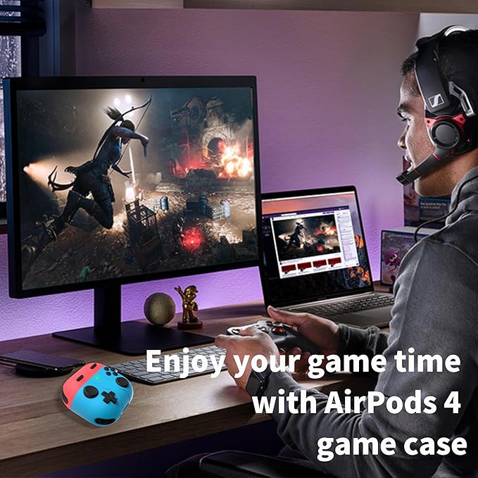 DamonLight Game Case for AirPods 4 Cover Shock-Proof Protective Silicone Case with Cleaning Pen and Keychain Accessories for Apple Airpods 4th Generation (Blue & Red)