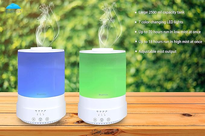 BlueHills 2500 ML XL Essential Oil Diffuser Aroma Humidifier with Timer for Large Home Decor Baby Rooms Plants Big Huge 2.5 L Extra Large Capacity High Mist Long Run with Lights White - F001