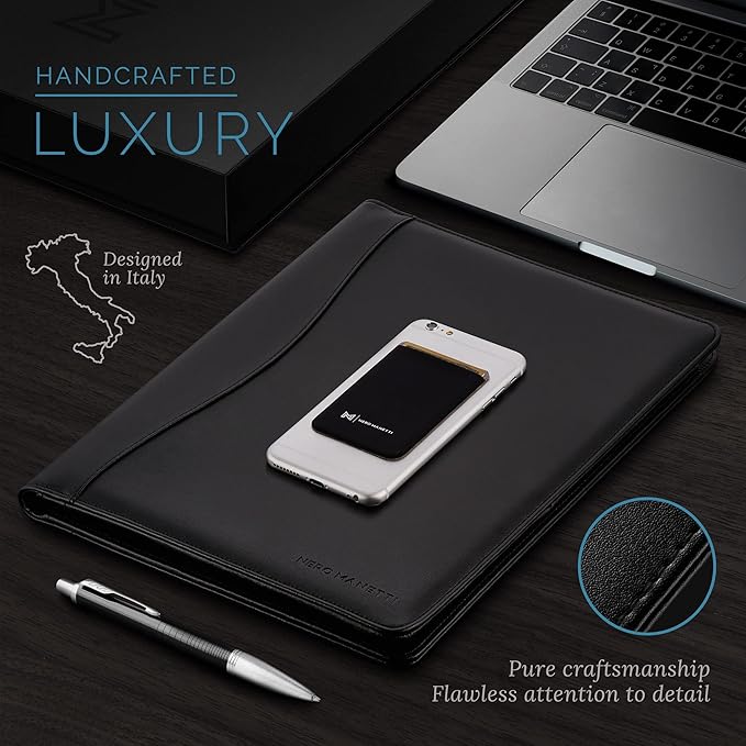 NERO MANETTI- Leather Portfolio Folder - Business PU Leather Portfolio Notepad Holder for Resumes, Legal Pad Portfolio Executive Binder, Professional Padfolio Notebook for Women/Men