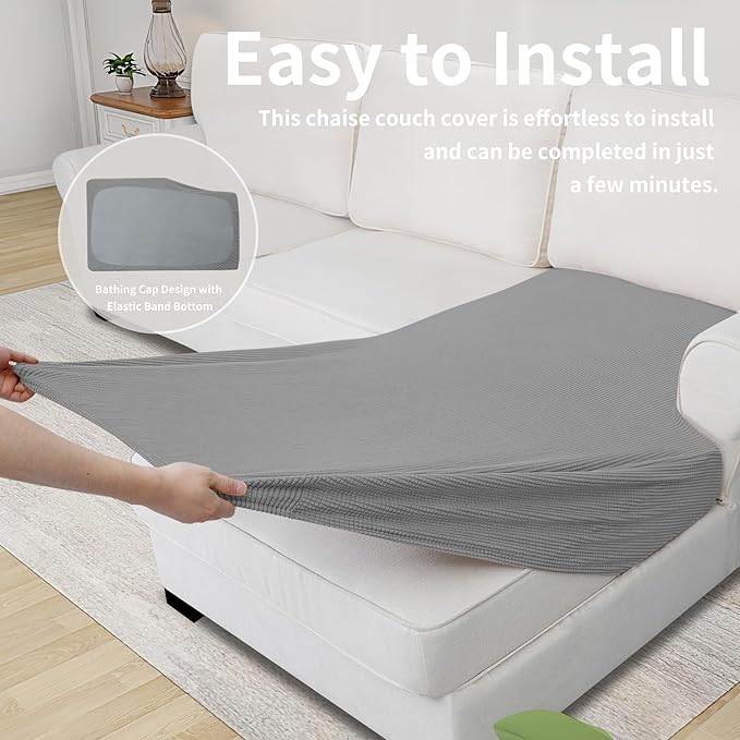 Easy-Going Stretch Sectional Couch Covers 1 Piece Chaise Lounge Slipcover L Shape Separate Cushion Couch Seat Chaise Cover for Both Left/Right Sectional Couch Light Gray