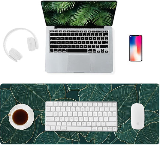 ALOANES Waterproof Mouse Pad with Durable Stitched Edge, Large Gaming Keyboard Pad, Non-Slip Rubber Base, Extended Desk pad for Gamer, Office & Home, Green Leaves Mousepad 27.6''x 11.8''x 0.12''