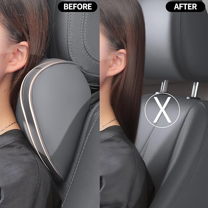 Car Headrest Pillow 100% Memory Foam, Breathable Removable Leather Cover, Premium Seat Support Head Neck Cushion for Driving Travel Home Office, Gray, 1 Pack