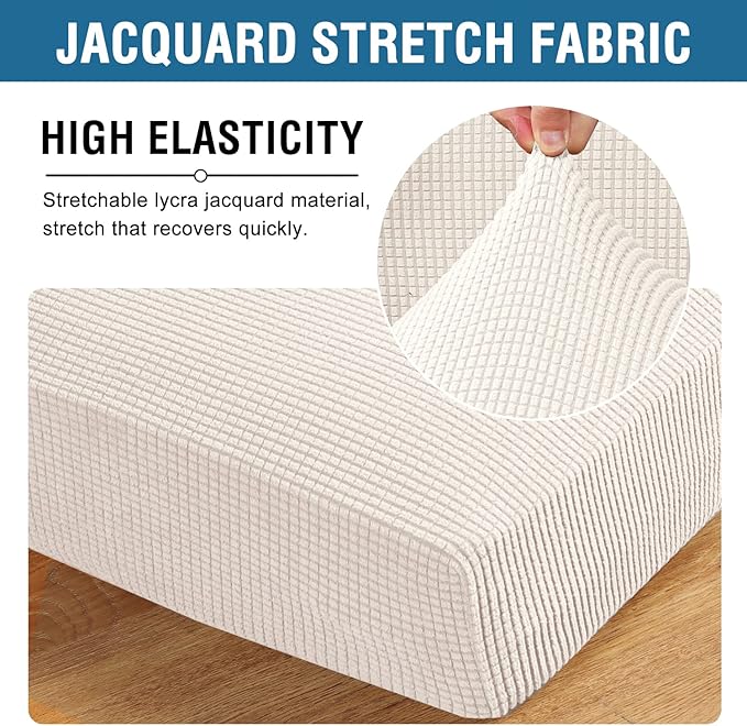 H.VERSAILTEX Super Stretch Couch Cushion Covers Sofa Cushion Slipcovers Jacquard Fabric Individual Seat Couch Slipcover Sets for Pets with Elastic Bottom(3 Packs Cushion Sofa Covers, Ivory)