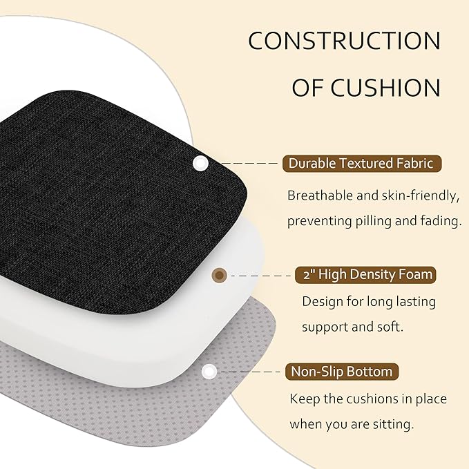 ELFJOY Chair Cushions for Dining Chairs Kitchen Chair Cushions U Shape Non Slip Chair Pads Set of 4 Seat Cushions with Ties Indoor 16.7" x 16" Black