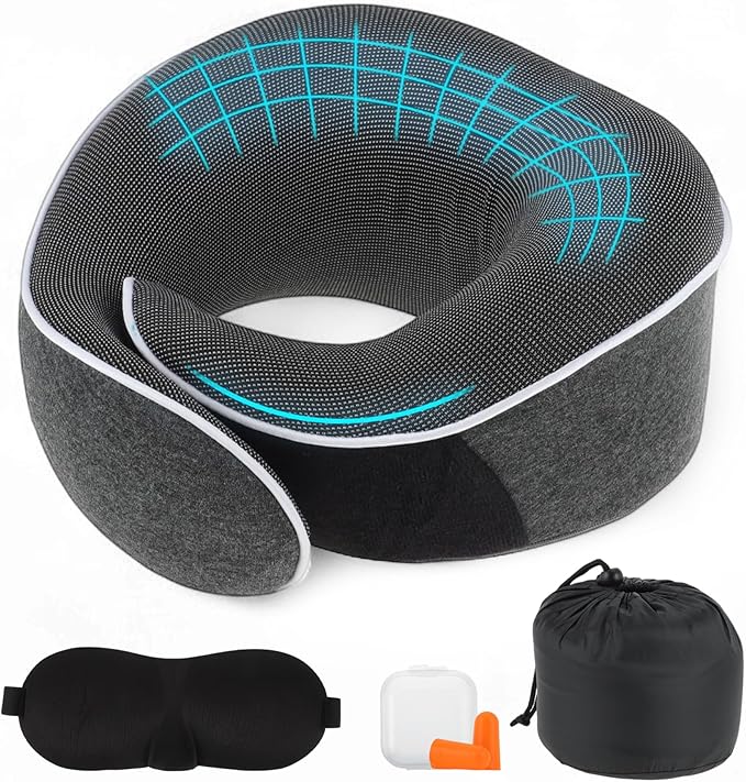 VOCOSTE Neck Pillow for Airplane Travel, Ergonomic Memory Foam Support for Long Flights, with Eye Mask & Earplugs, Home & Office Nap, Gifts for Frequent Flyer, Deep Gray