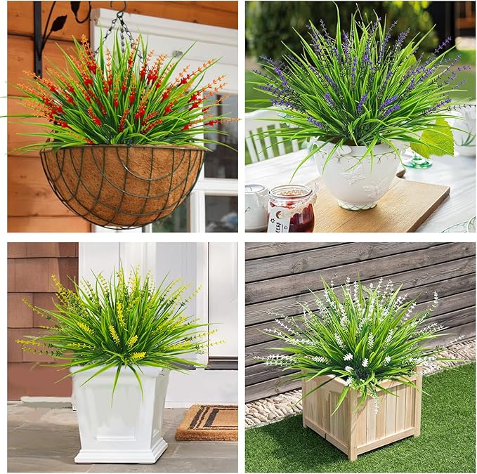 36 Pcs Artificial Plants Outdoor, UV Resistant Fake Outdoor Flowers Faux Plastic Monkey Greenery Grass for Front Porch Window Box Outside Garden Home Office Planters Desk Decor (Mixed Color)