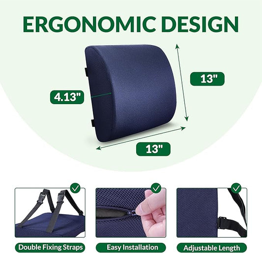 Back Support Pillow for Office Chair and Car Seat,Lumbar Support for Office,Charcoal Memory Foam Back Cushion-Breathable Mesh Cover,Double Adjustable Straps,Dark Blue