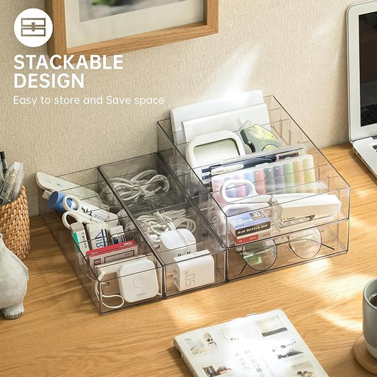 2Pcs Cable Charger Organizer Box, Large Cords Storage Organizer with Adjustable Compartments and Wire Ties, Stackable Cord Organizer for Drawer - Clear
