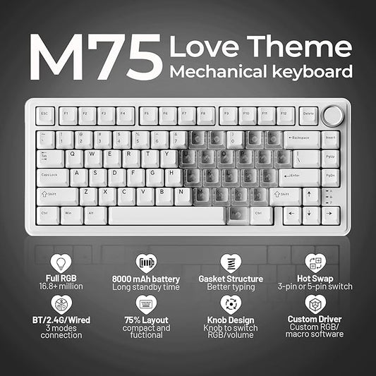 x XVX M75 75% Wireless Gaming Mechanical Keyboard, BT5.0/2.4GHz/USB-C,Hot Swappable Creamy Pre-lubed Switches,Gasket Structure,RGB Backlit White Keyboard w/Knob for PC/Laptop/Xbox/PS4/PS5,LUMINA HEART