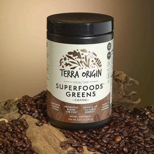 TERRA ORIGIN Superfoods Greens Blend Immune and Digestive Support | Organic Vegetable Supplement with Tumeric, Milk Thistle, Green Tea, Chlorella | Non-GMO, Gluten-Free, Vegan | Coffee | 30 Servings