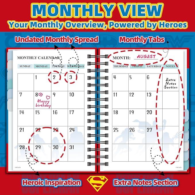 Hardcover Spiral Notebook Journal with 12 Dividers Tabs,Weekly & Monthly Planner,Productivity Journal,Superhero Theme,Leather Organizer for Work,School,Adults,Teens and Professionals (SUPERM-Logo)