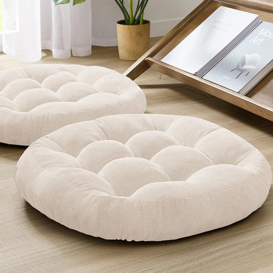 Meditation Floor Pillow Set of 2, Round Large Pillows Seating for Adults, Tufted Corduroy Cushion for Living Room Tatami, Beige 22 Inch