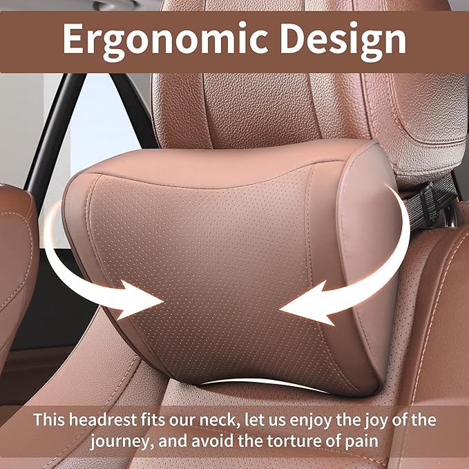 Car Headrest Pillow Memory Foam Breathable Removable Leather Cover Premium Seat Support Head Neck Cushion for Driving Traveling Home Office, Brown, 1 Pack