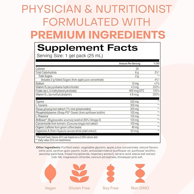 Healthycell Focus & Recall, Daily Liquid Brain Supplement for Focus & Memory - Nootropics Supplement for Concentration & Alertness with L-Theanine, Omega-3 & Taurine - 14 Gel Packs