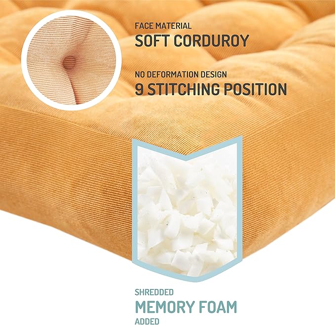 Degrees of Comfort Meditation Floor Pillow, Square Large Pillows Seating for Adults, Tufted Corduroy Cushion for Living Room Tatami, Orange Yellow 22x22 Inch