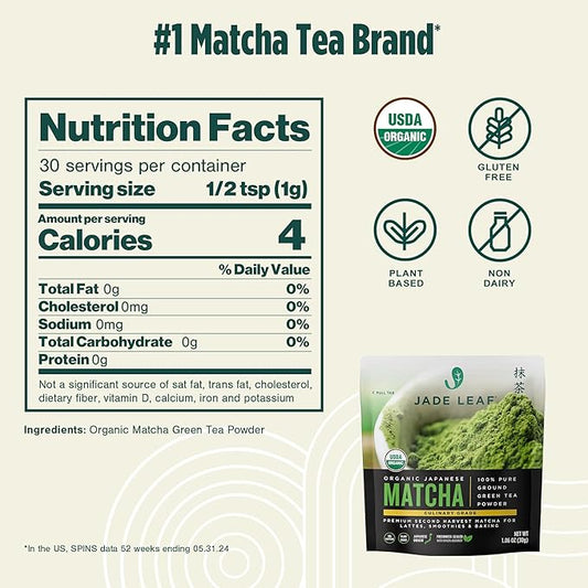 Jade Leaf Matcha Organic Green Tea Powder - Culinary Grade Premium Second Harvest - Authentic Japanese Origin (1.06 Ounce Resealable Pouch)