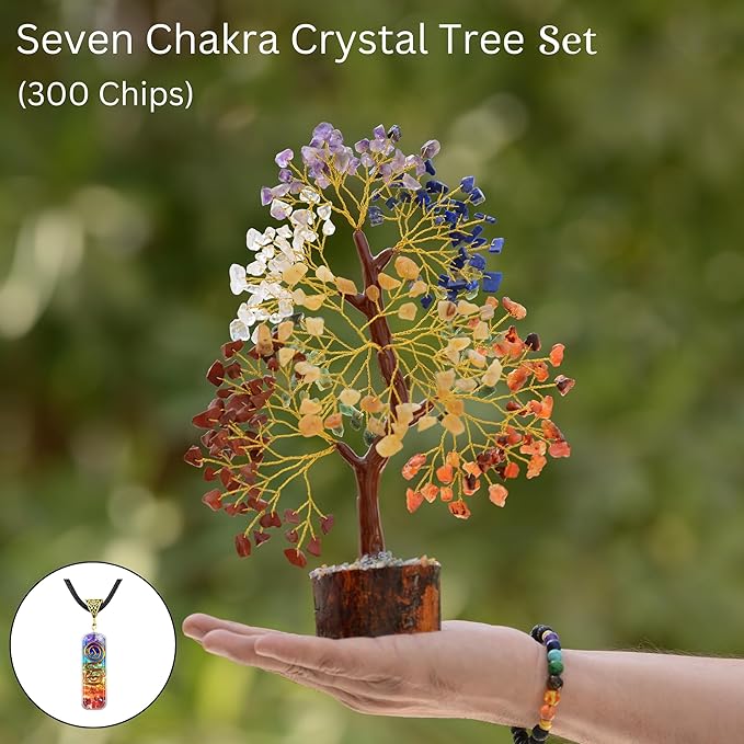 7 Chakra Crystal Tree of Life, Healing Crystal Trees for Home Decor, Office Desk Decor, Room Decor, Handmade Bonsai Tree for Positive Energy, Money, Good Luck Birthday Gifts for Women Plus 2 Necklaces