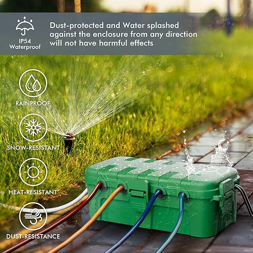 RESTMO Outdoor Electrical Box, IP54 Weatherproof Extension Cord Cover with 6 Cable Entry Ports, Waterproof Connection Box Protect Power Strip, Timer, Plug, Holiday Lights, (11.5x5.2x4 inch), Green
