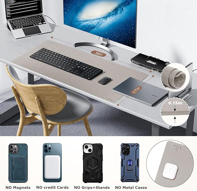 Wireless Charging Mouse Pad Firelison 2 in 1 Leather Multifunctional Office Desk Pad with Non-Slip Rubber Base, Waterproof Desk pad for Computers/Office/Work/Home/Decor（ 36" x 17"Grey - L）