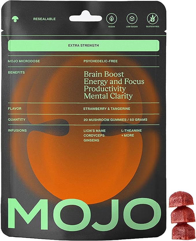 Mojo Focus Gummies with Lion’s Mane, Panax Ginseng, Ginger Root, Cordyceps, SAM-e, and Nootropics, Energy and Focus Supplement, Vegan, Strawberry Tangerine (20 Count - Pack of 1)