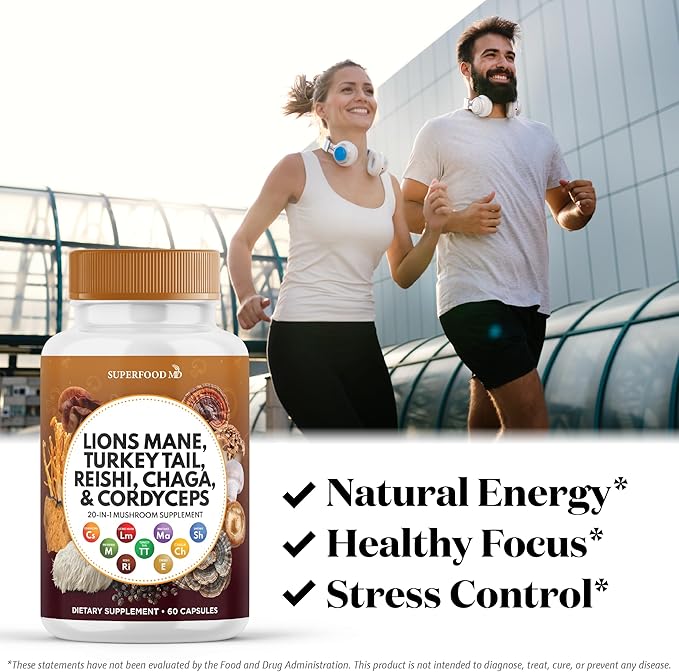 Lions Mane Mushroom Supplement with Turkey Tail Reishi Cordyceps Chaga with Marshmallow Root - 120 Count
