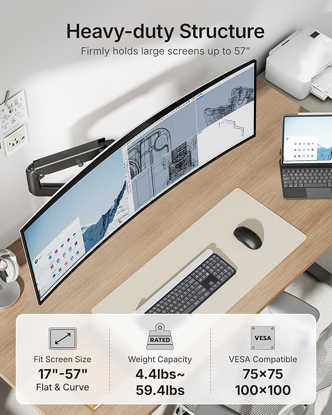 monTEK Single Monitor Arm with USB A/C, Ultrawide Monitor Stand for 17 to 57 Inch Curved Screen, Holds 59.4 lbs, Adjustable Gas Spring Arm, 75/100 VESA Mount, Clamp & Grommet Desk Mount, Black