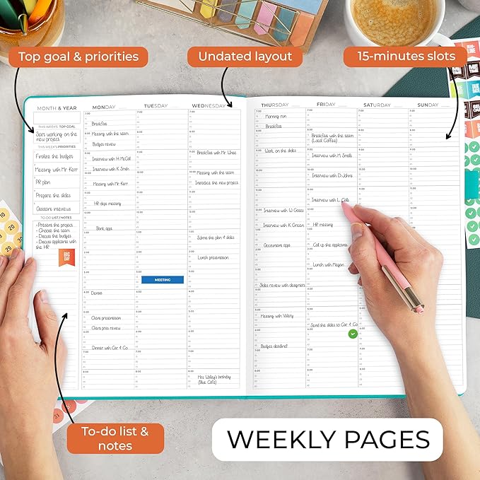 Clever Fox Appointment Book – Hourly Schedule Planner with 15-Minute Increments – Time Box Planner for Daily Work & To-Dos – Weekly & Monthly Spreads, Undated, Hardcover, 8.3x11″ (Turquoise)