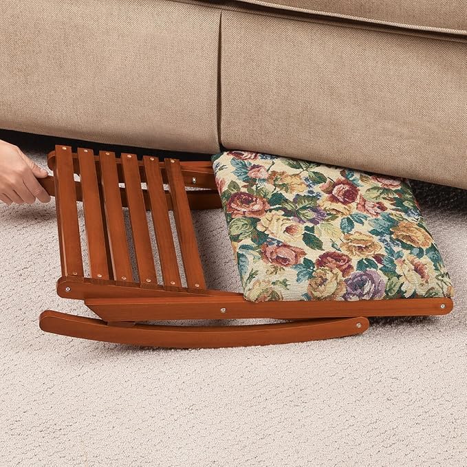 Deluxe Foldable Rocking Footrest, Adjustable Fold-Away Foot Stool with Tapestry Cushion