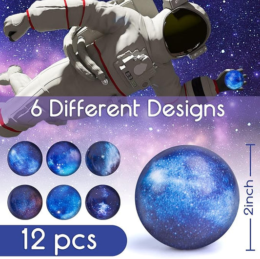AMOR PRESENT 12PCS Space Party Favors, 2 Inch Galaxy Stress Balls Mini Foam Squeeze Squishies Toys for Stress Relief Outer Space Astronaut Party Class Reward