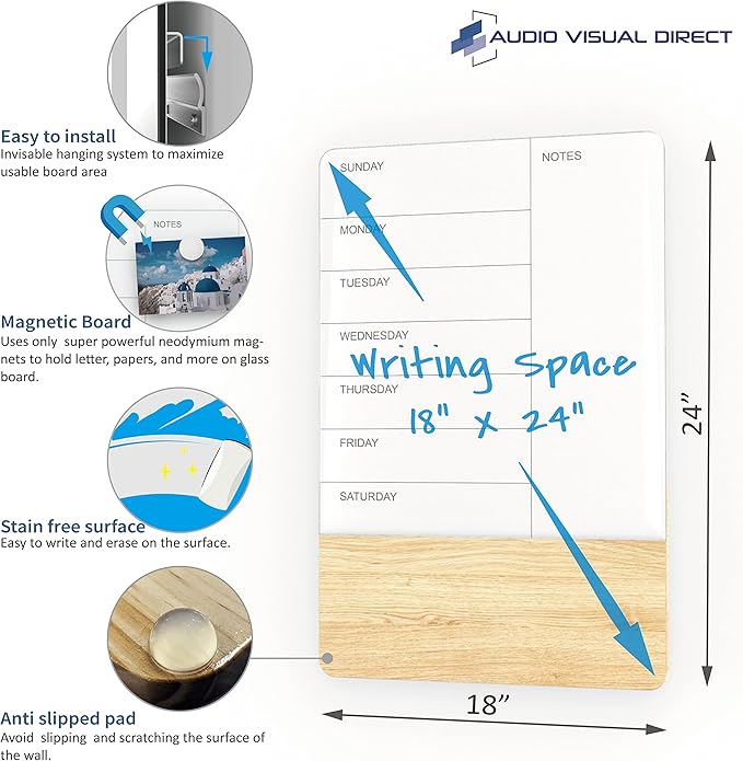 Audio-Visual Direct Wall Mounted Weekly Planner Glass & Wood Dry-Erase Board