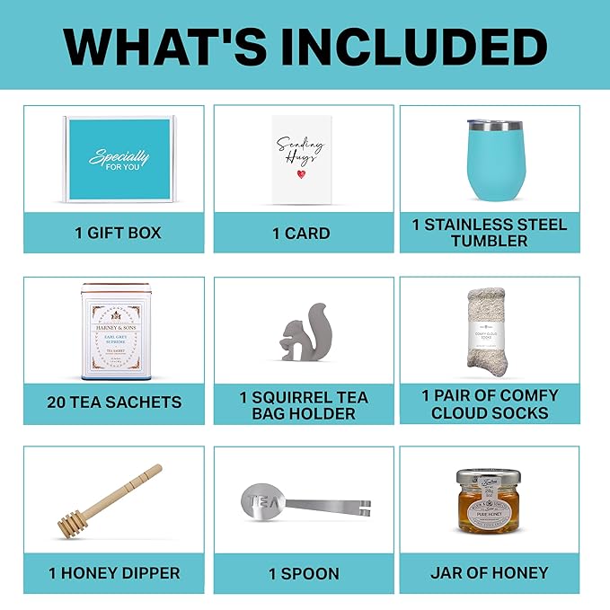 Tea Gift Set for Women – Thoughtful Get Well Gift Box with Cozy Socks, Stainless Tumbler, 20 Tea Sachets, Honey Jar & Sending Hugs Card (Earl Grey Tea - Cloud Socks)