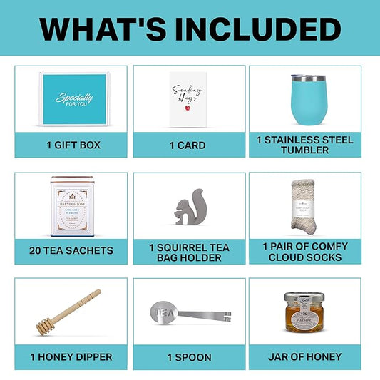 Tea Gift Set for Women – Thoughtful Get Well Gift Box with Cozy Socks, Stainless Tumbler, 20 Tea Sachets, Honey Jar & Sending Hugs Card (Earl Grey Tea - Cloud Socks)