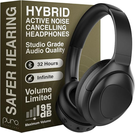 Puro Sound Labs PuroPro Hybrid Active Noise Cancelling Headphones, Volume Limiting, Hi-Res Audio, 32h Playtime, Wireless Over Ear Headphones with Mic, Comfortable Fit, Ideal for Travel & Work – Black
